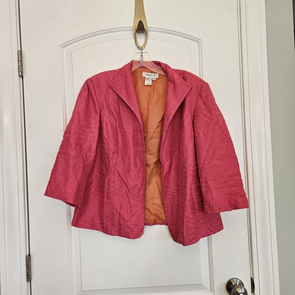 Coldwater Creek Women's Artsy Silk Collar Open Boxy Pink Blazer Jacket Sz Med.